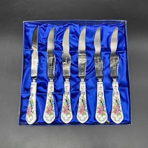Vintage Aynsley Pembroke Fine Bone China Stainless Steel Steak Knives Bird Pink - Picture 2 of 11